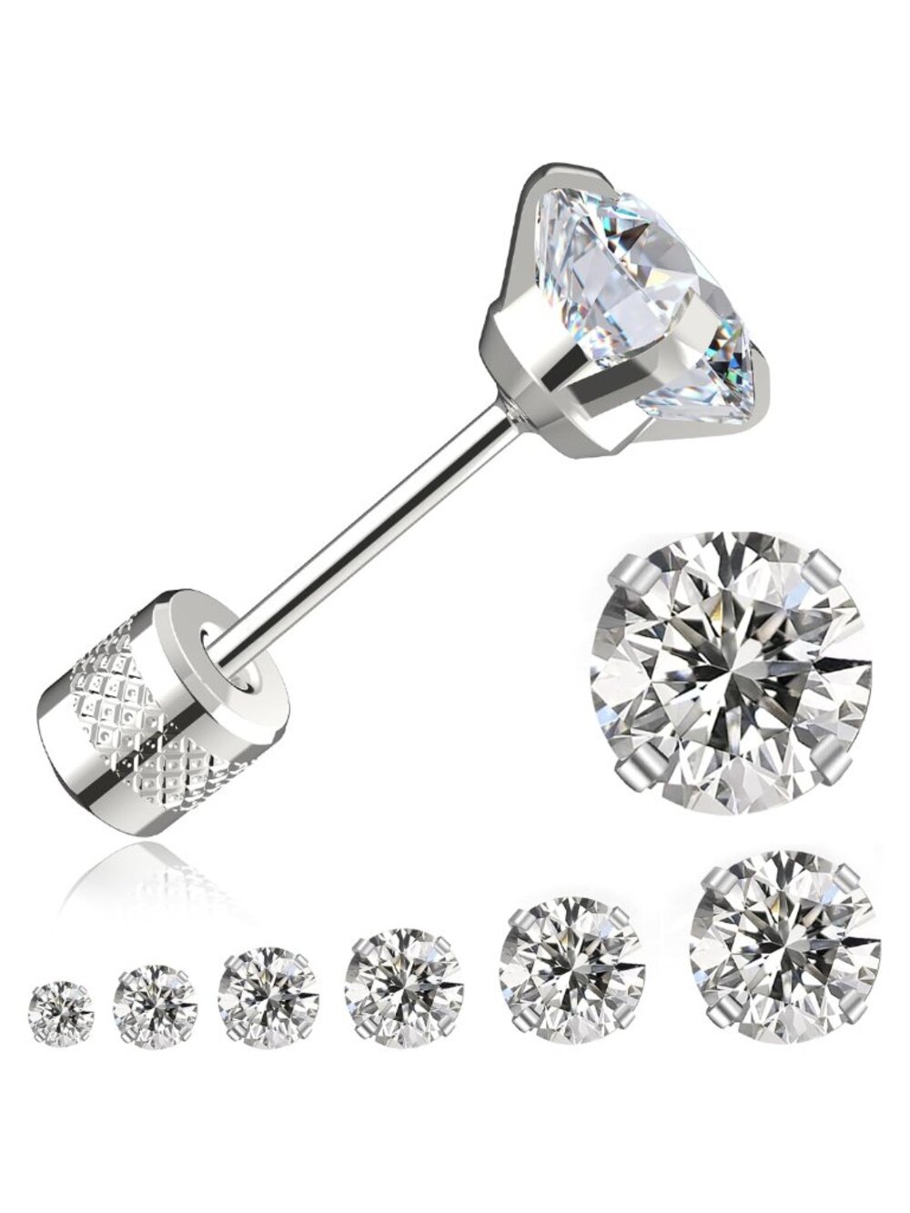 Threadless Flat Back Stud Earrings Titanium Stainless Steel Cubic Zirconia 6